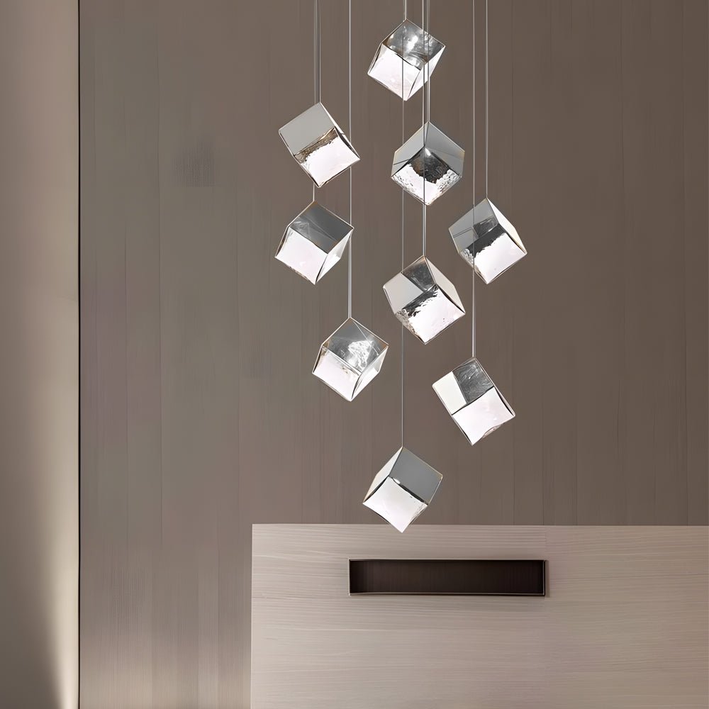 Modern Glass Cube Staircase Chandelier in Gold or Chrome Finish