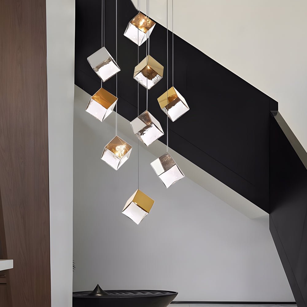Modern Glass Cube Staircase Chandelier in Gold or Chrome Finish