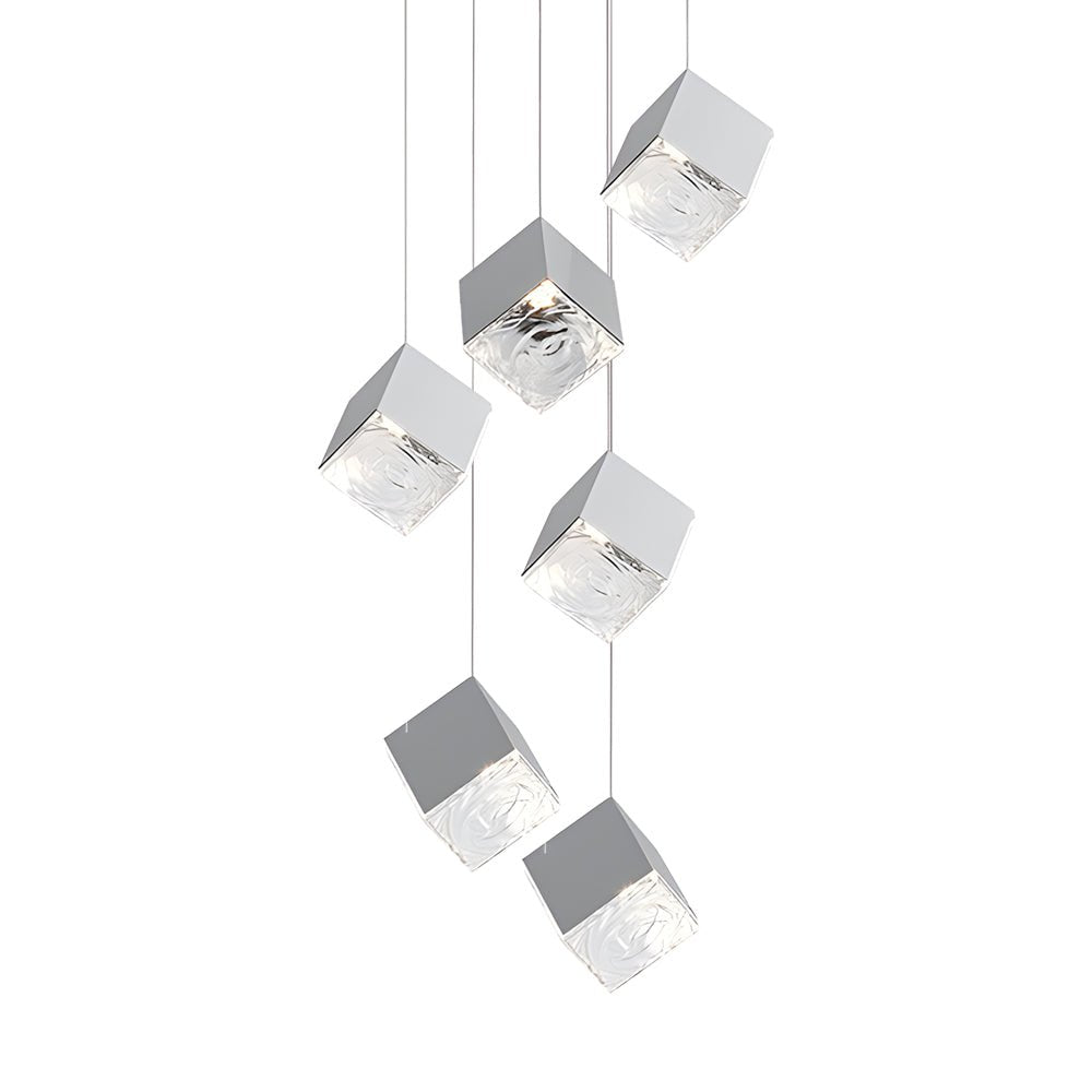 Modern Glass Cube Staircase Chandelier in Gold or Chrome Finish
