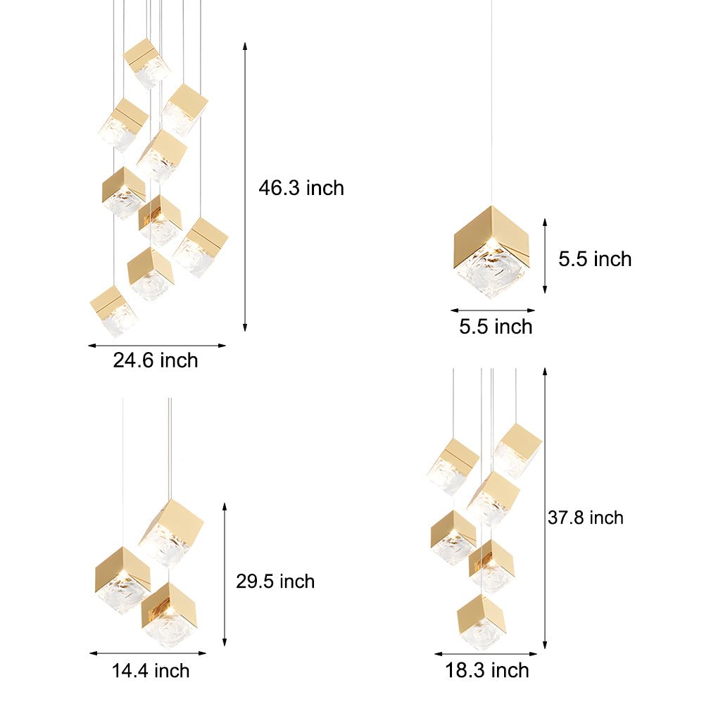 Modern Glass Cube Staircase Chandelier in Gold or Chrome Finish