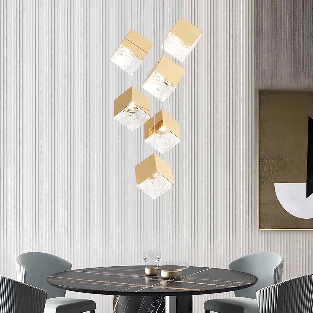 Modern Glass Cube Staircase Chandelier in Gold or Chrome Finish