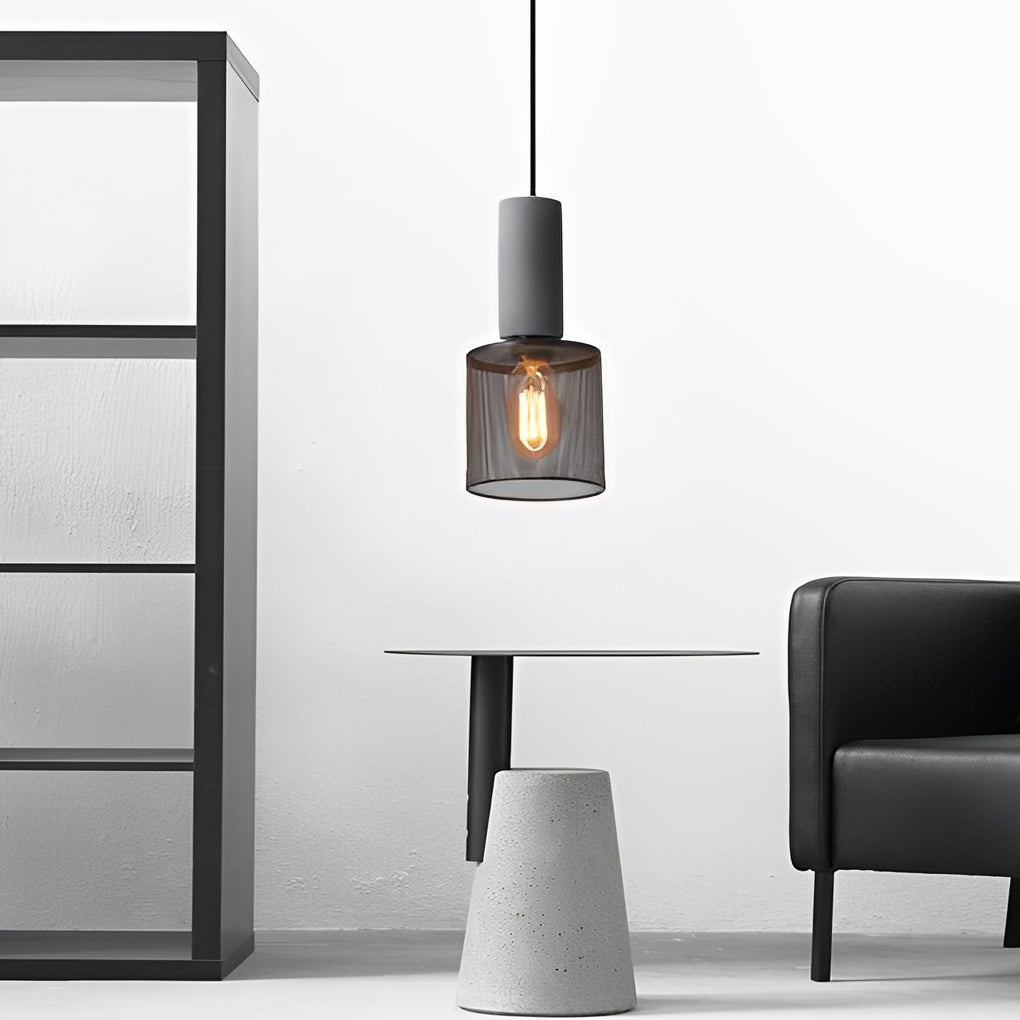 Industrial Concrete & Metal Mesh Pendant Light - Black Cage