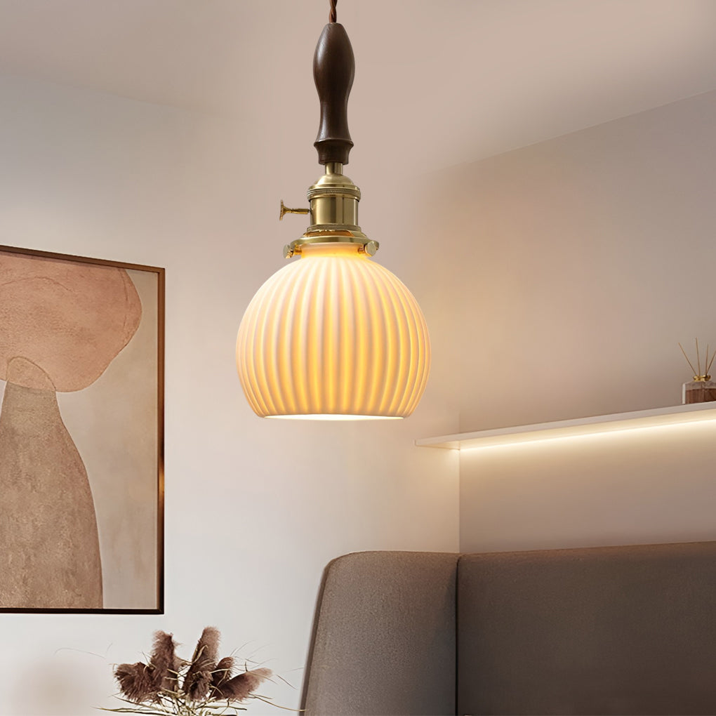 Modern Ceramic Pendant Light with Walnut & Copper Accent - 12W LED