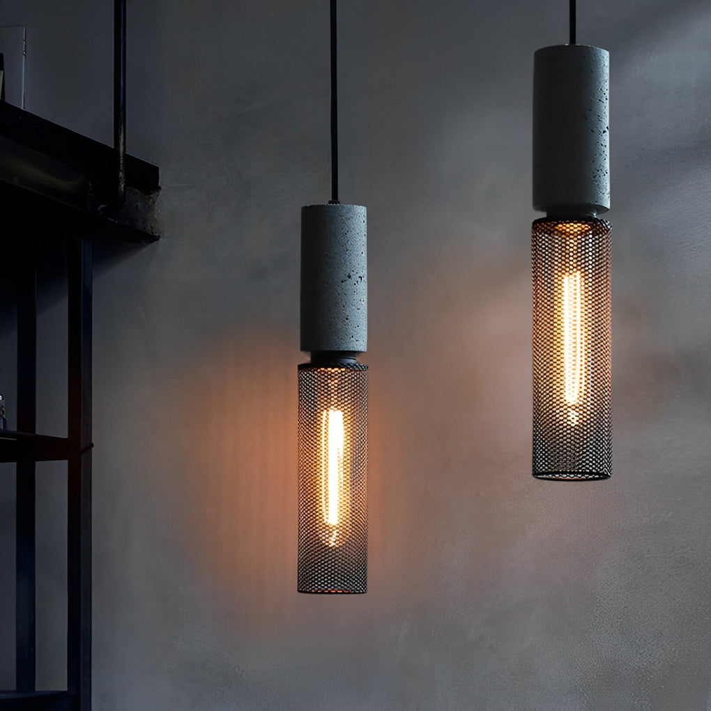 Industrial Concrete & Metal Mesh Pendant Light - Black Cage