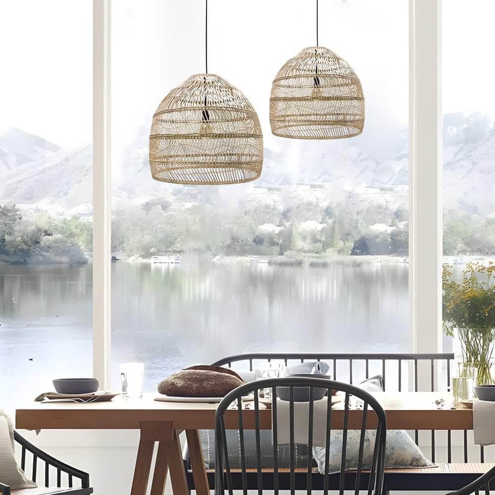 Hand-Woven Rattan Dome Pendant Light – Modern Farmhouse