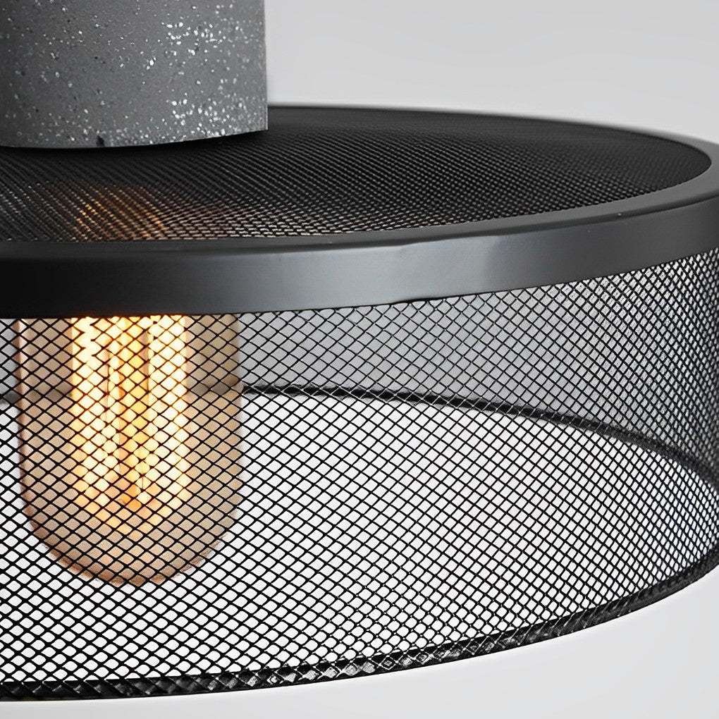 Industrial Concrete & Metal Mesh Pendant Light - Black Cage