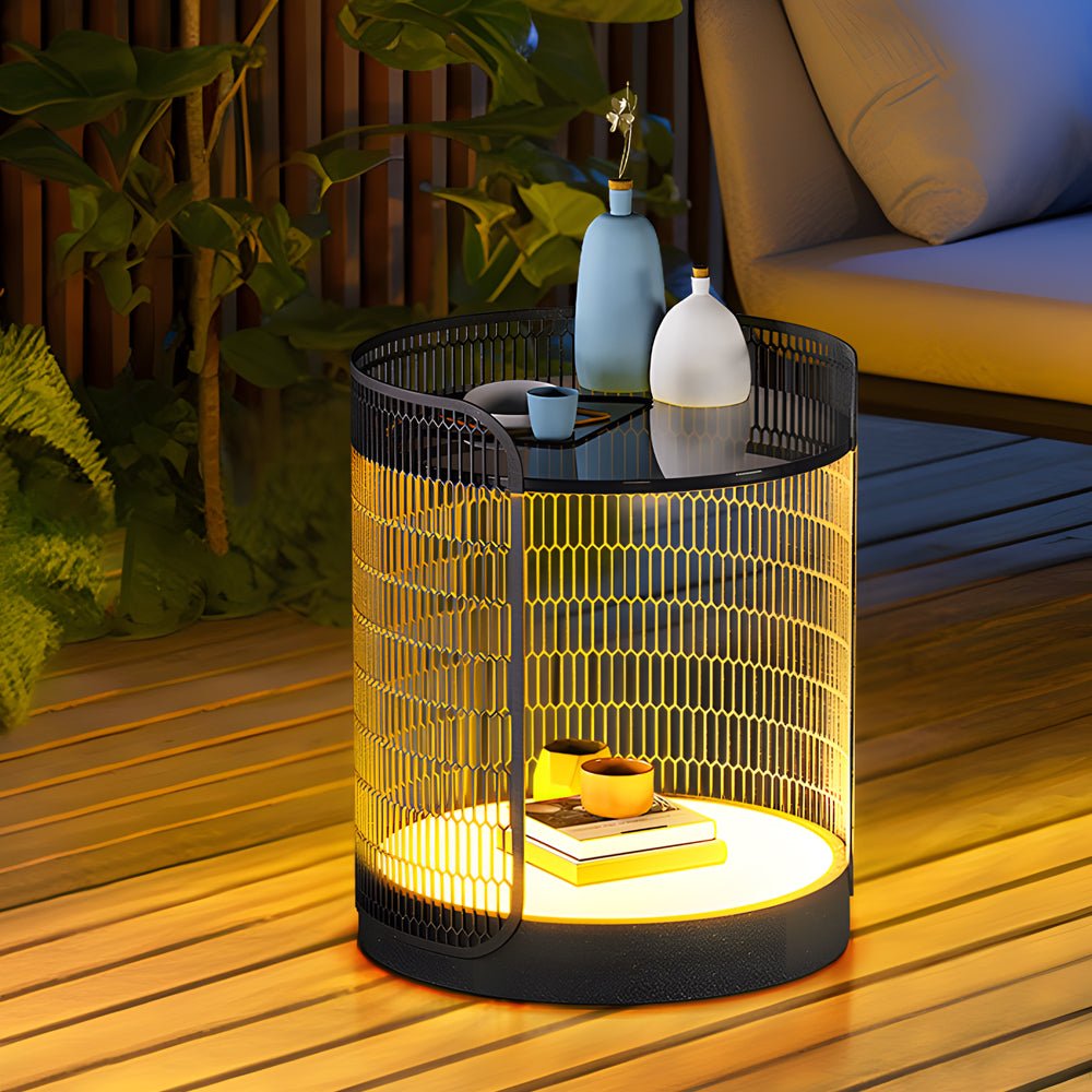 Modern Black Mesh Outdoor Floor Lamp with Table - 19 Inch LED