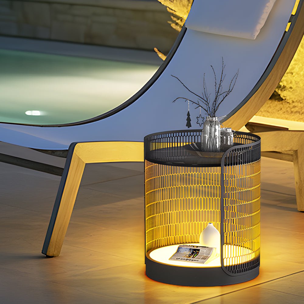 Modern Black Mesh Outdoor Floor Lamp with Table - 19 Inch LED