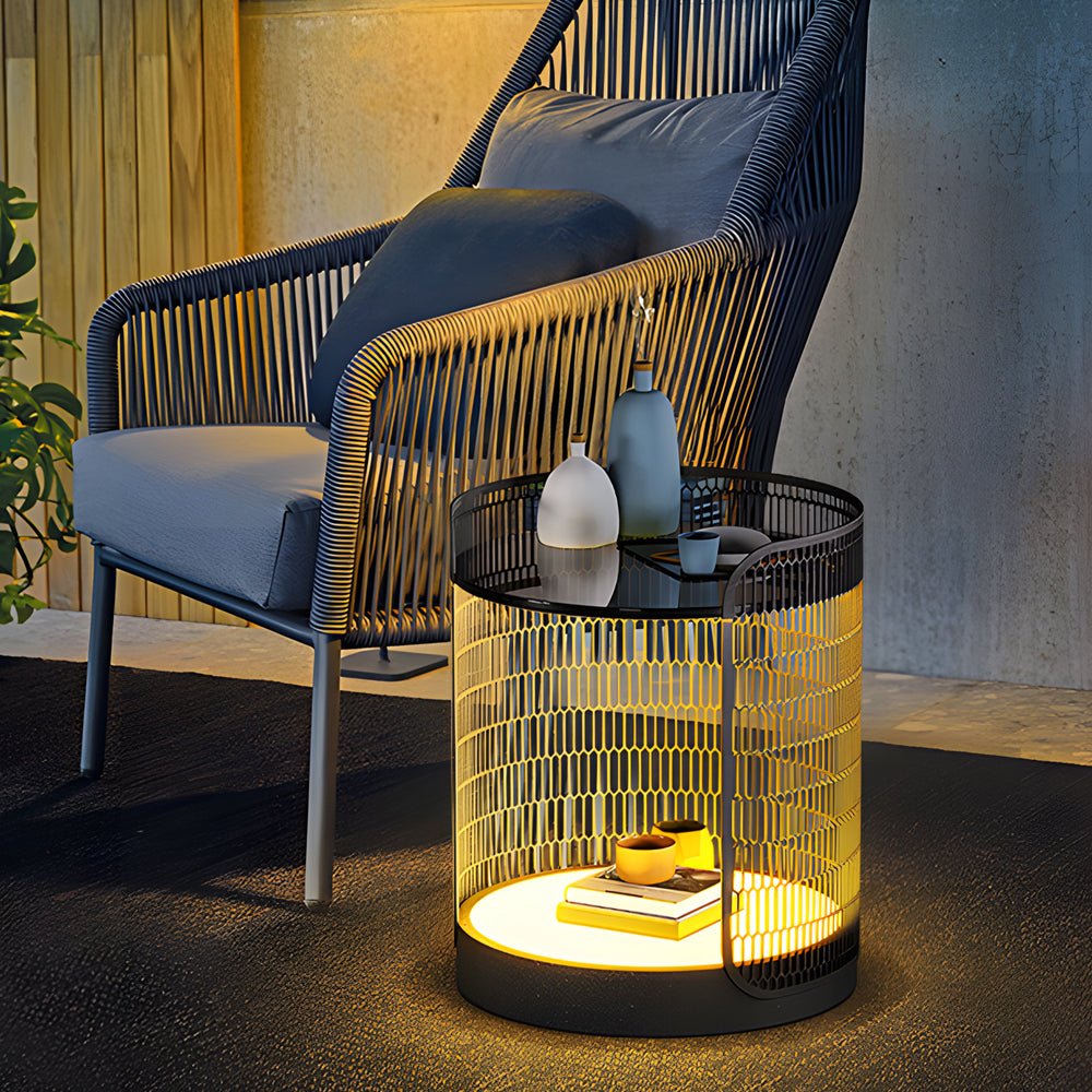 Modern Black Mesh Outdoor Floor Lamp with Table - 19 Inch LED