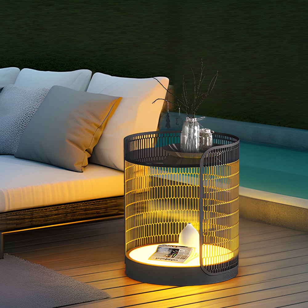 Modern Black Mesh Outdoor Floor Lamp with Table - 19 Inch LED