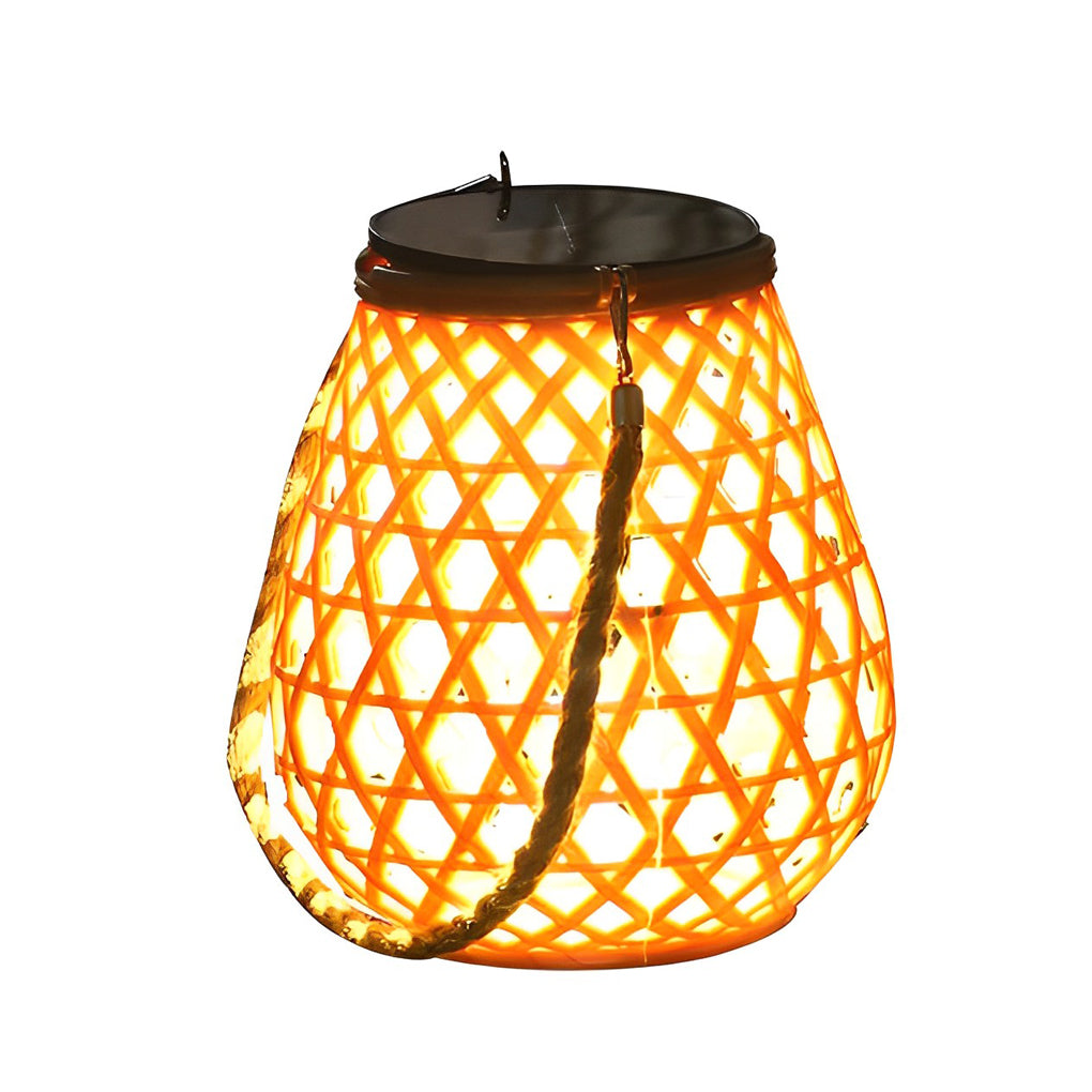 Portable Solar LED Outdoor Lantern Rustic Bamboo Style Hemp Rope