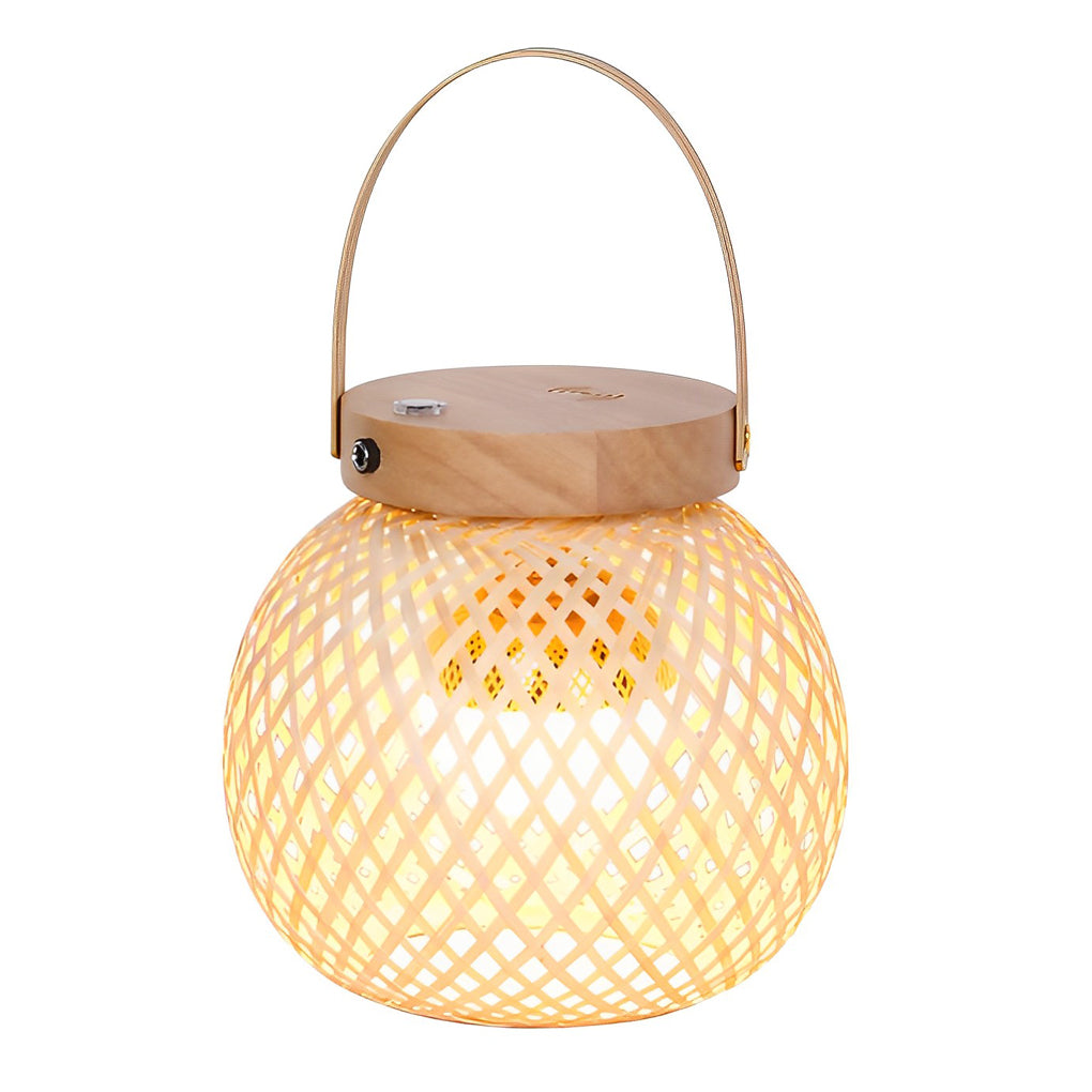 Rustic Woven Bamboo Portable Lantern Table Lamp with Handle