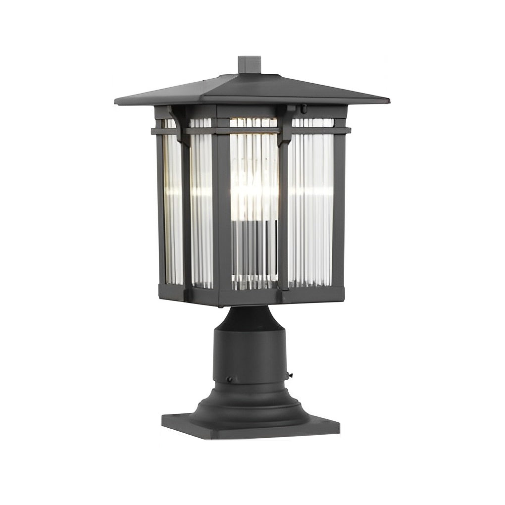 Striped Glass Shade Modern Outdoor Post Light Black Aluminum