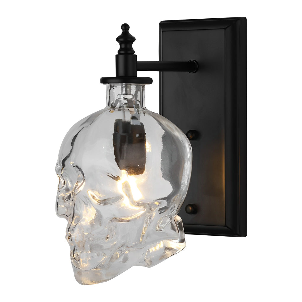 Skull Head Glass Wall Sconce – Industrial Black Iron LED Lamp