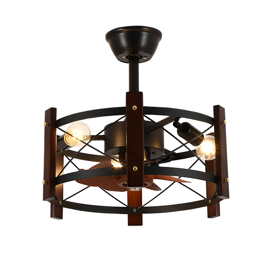 Industrial Caged Ceiling Fan with Light - Black Metal Farmhouse