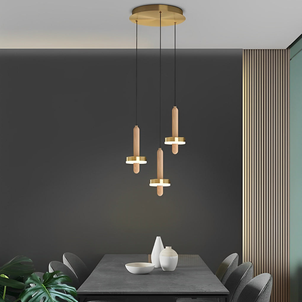 Modern Cylindrical Pendant Light Gold Copper Wood LED Fixture