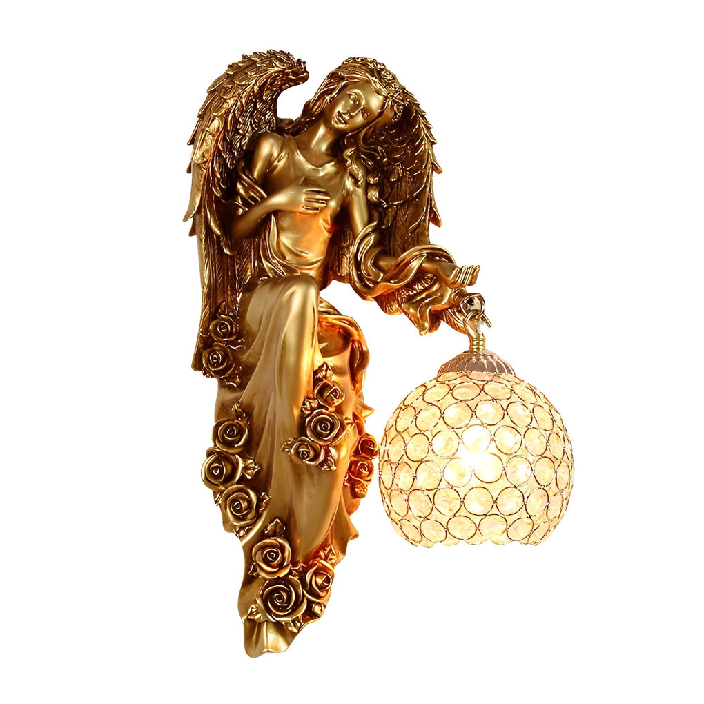 Crystal Angel Wall Sconce - Antique Gold Resin European Design