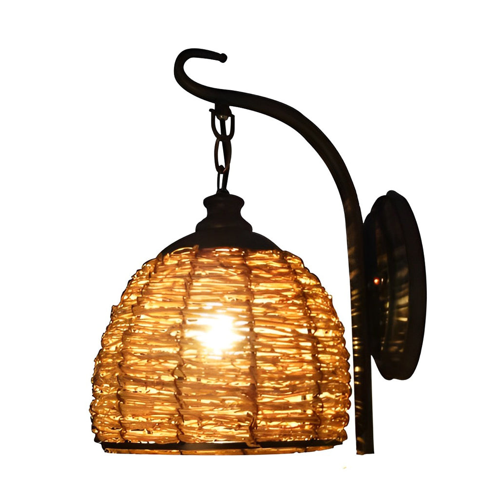 Hand-Woven Rattan Rustic Wall Sconce with Iron Frame