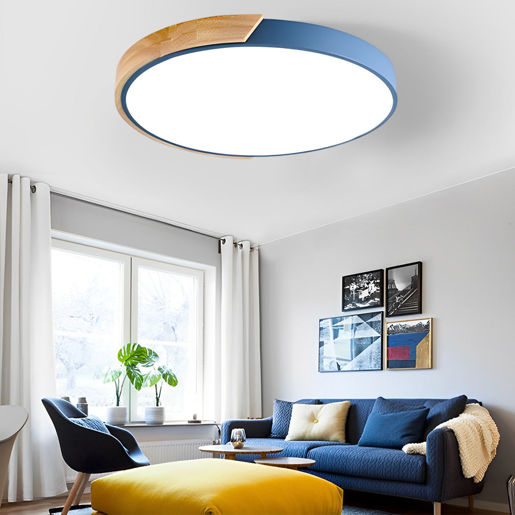 Modern Circular LED Flush Mount Ceiling Light - Metal & Wood
