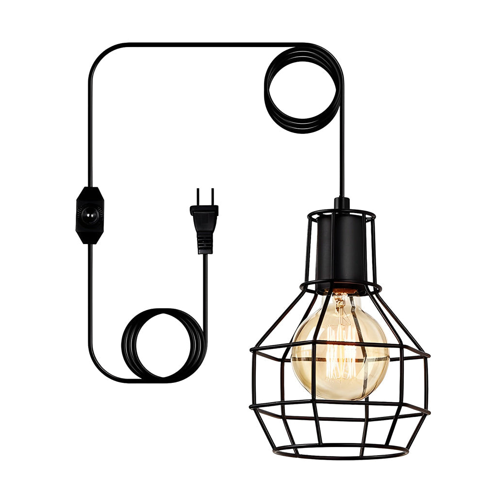 Industrial Cage Pendant Light with Button Switch Black Metal