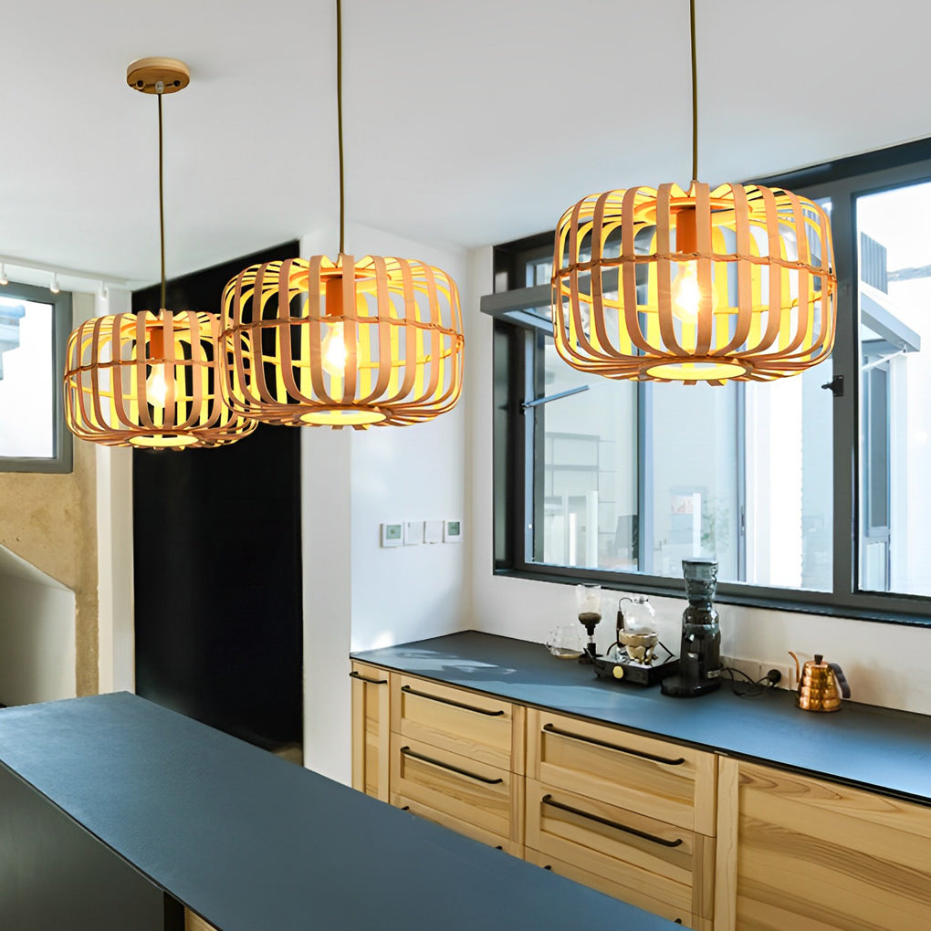 Farmhouse Bamboo Bird Cage Pendant Light - Rustic Ceiling Fixture