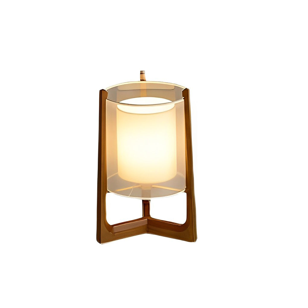 Rustic Wood Triangle Floor Lamp with Double Fabric Shade LED