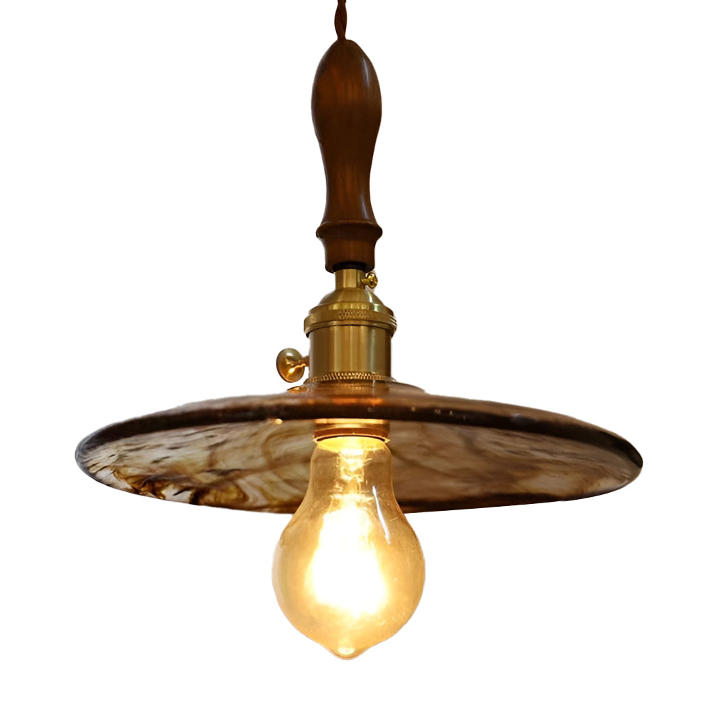 Vintage Glass Pendant Light with Brass Hardware and Wooden Detail