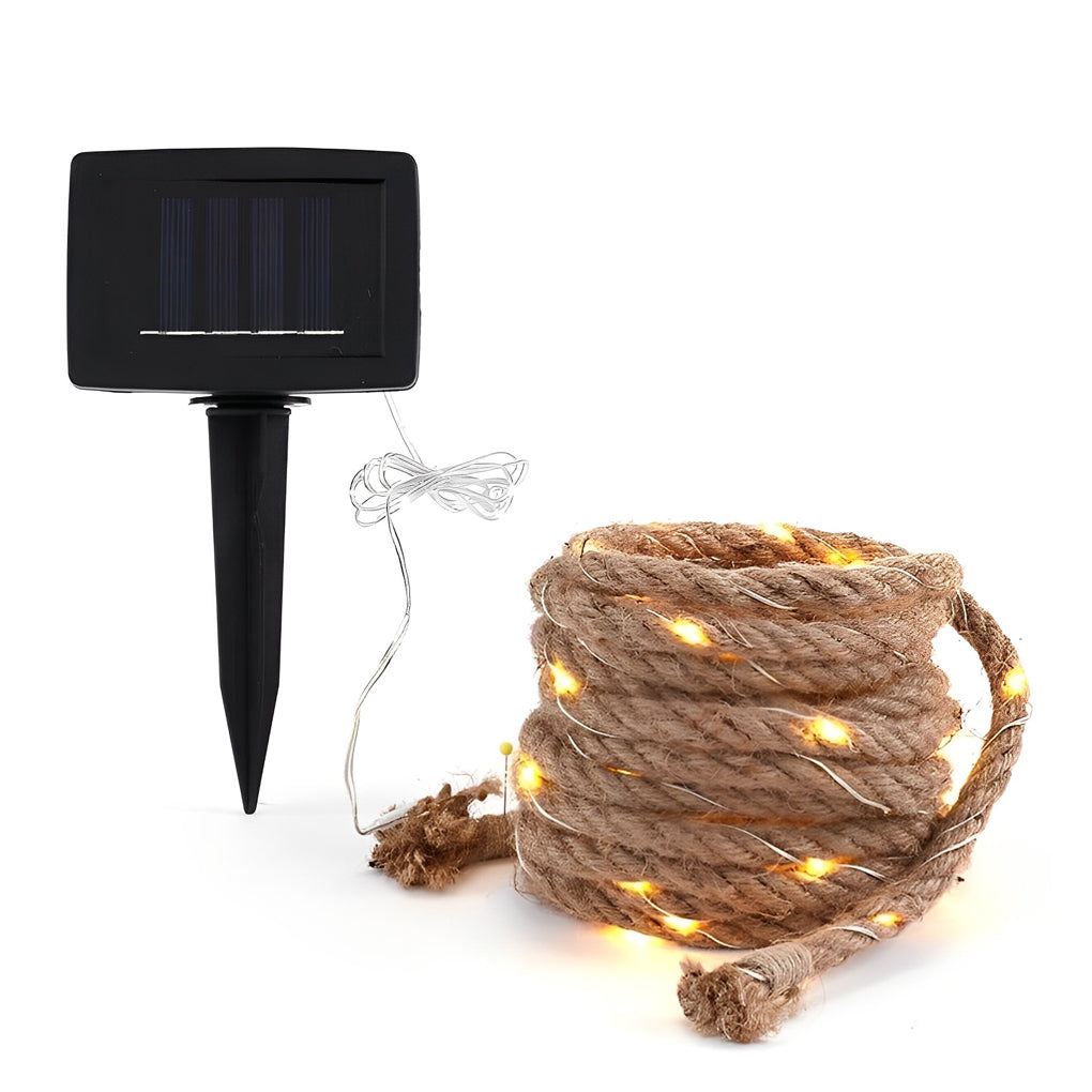 Hemp Rope Solar LED String Lights - 100/200 Warm Yellow Bulbs
