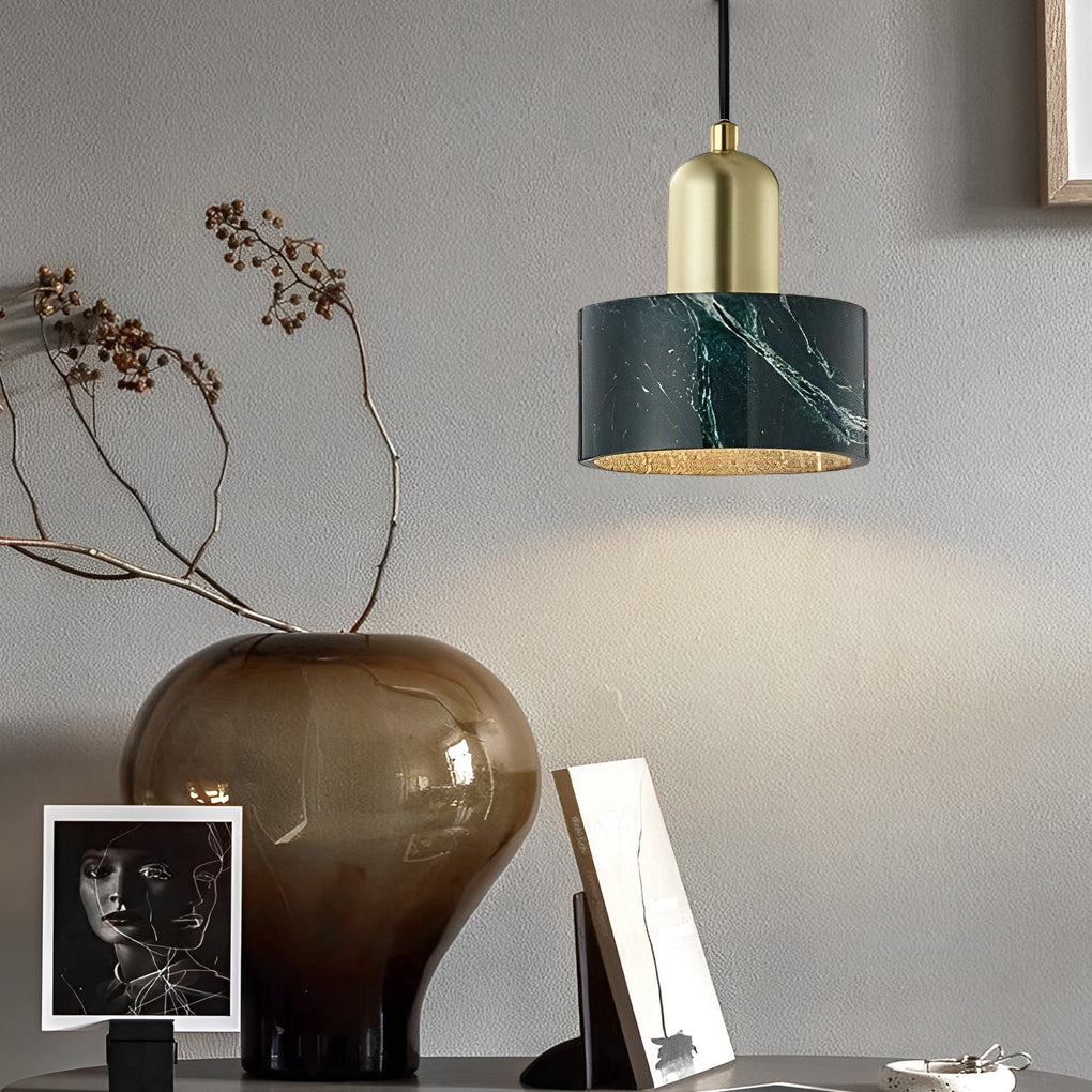 Vintage Circular Pendant Light with Electroplated Metal & Marble Shade