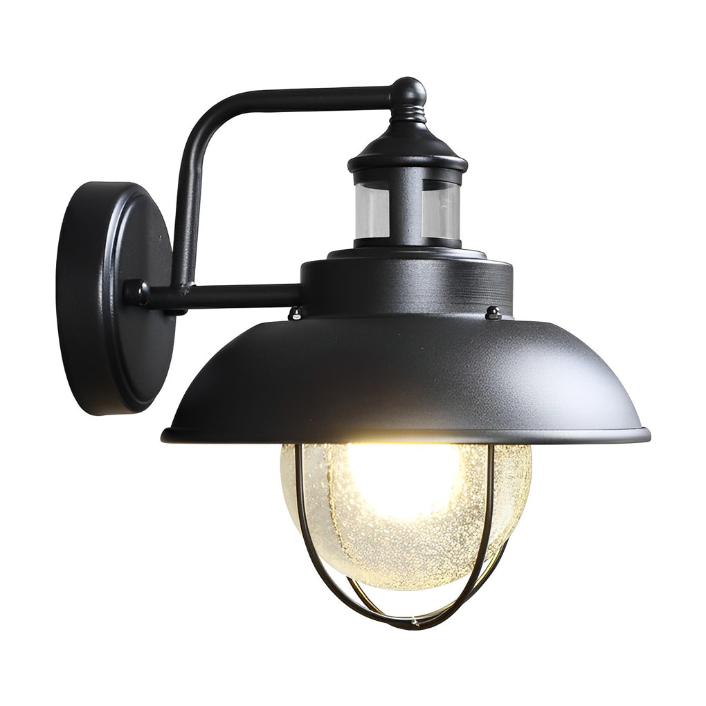 Nautical Black Metal Cage Seeded Glass Outdoor Wall Light