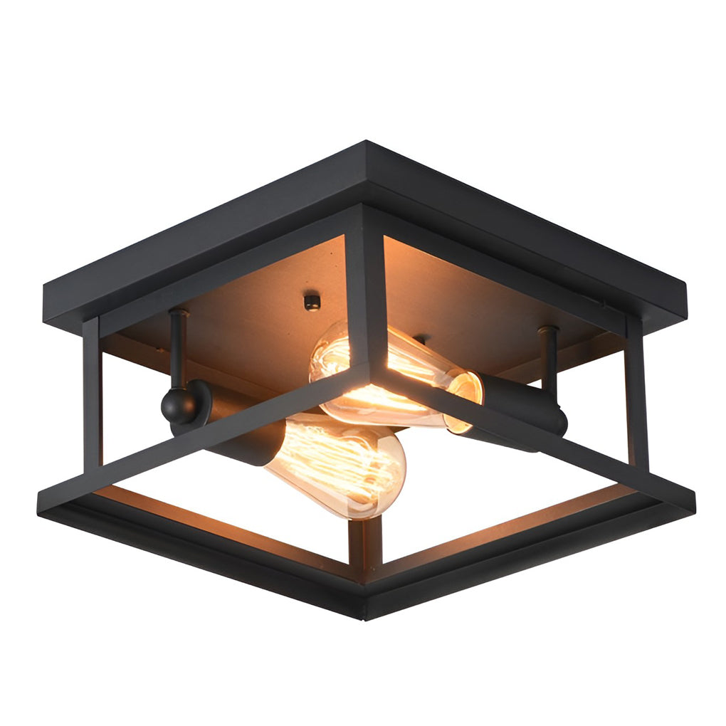 Square Industrial Flush Mount Ceiling Light – Black Metal Frame