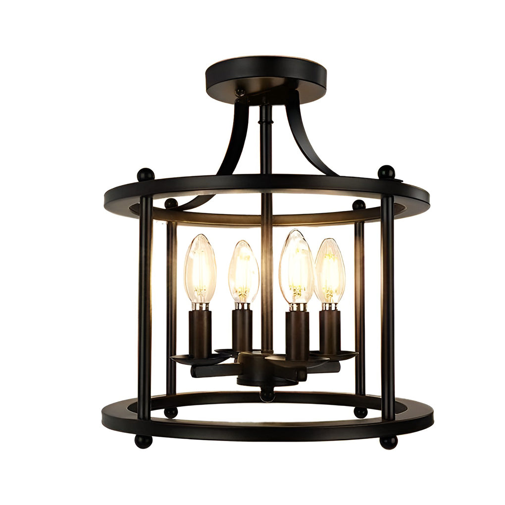 Industrial Metal Lantern Semi-Flush Ceiling Light in Black
