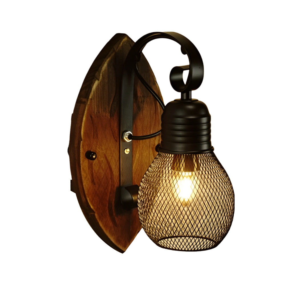Industrial Wood & Iron Mesh Wall Sconce - Black E27 Fixture