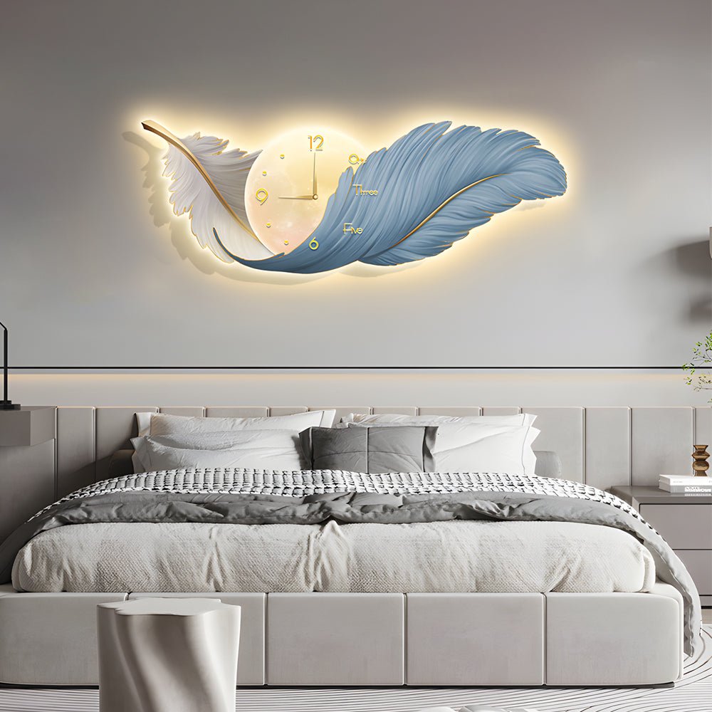 Modern Feather Art LED Wall Lamp with Built-In Clock