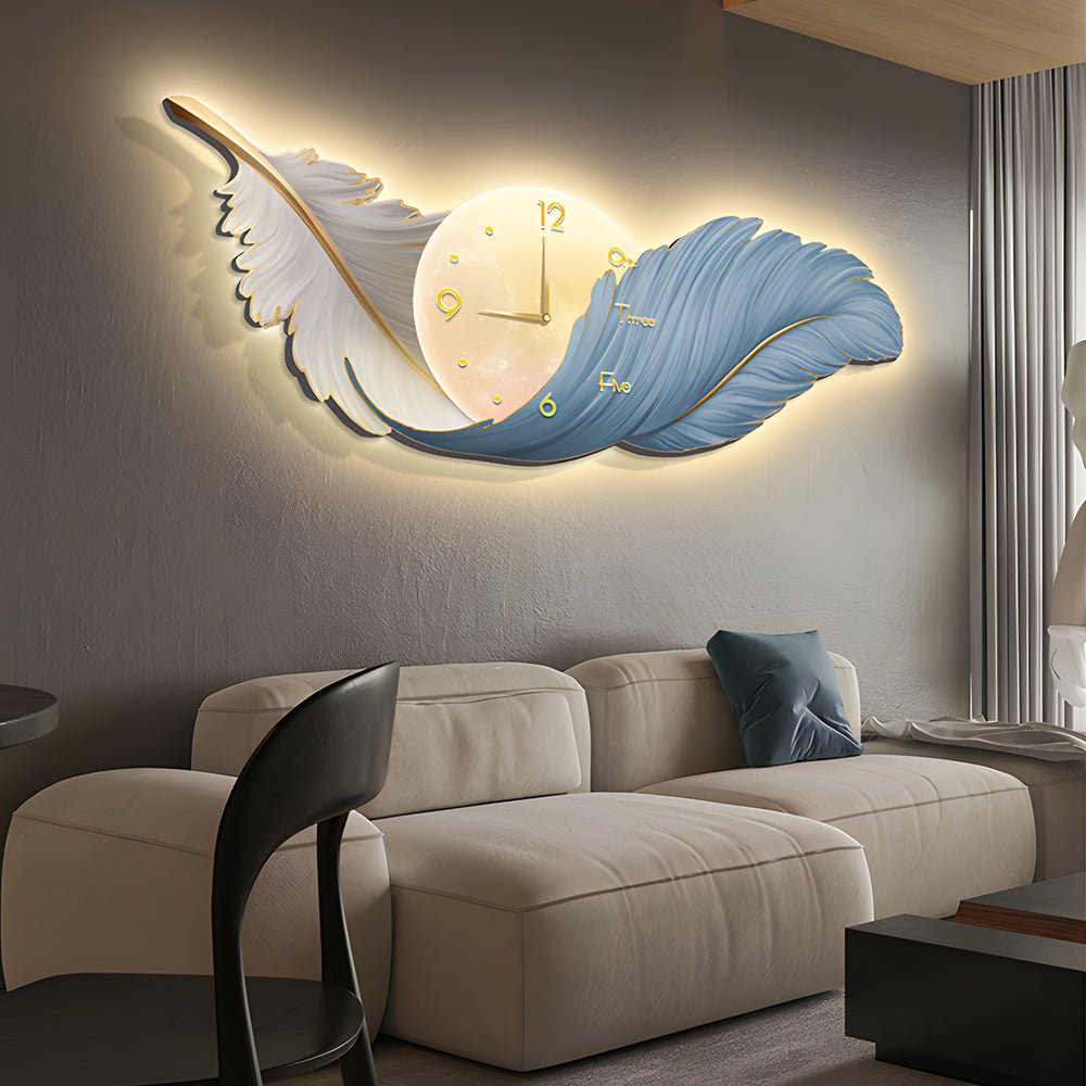 Modern Feather Art LED Wall Lamp with Built-In Clock