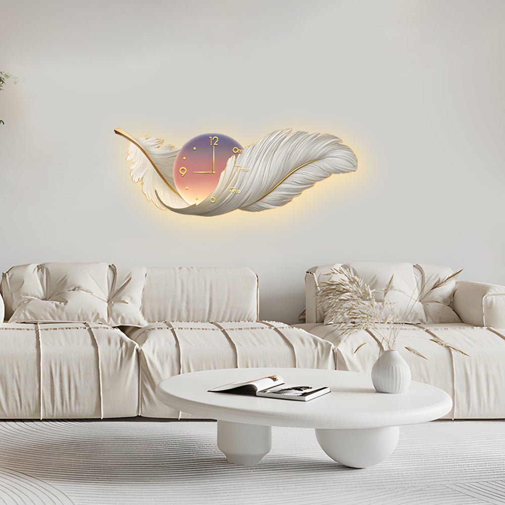 Modern Feather Art LED Wall Lamp with Built-In Clock