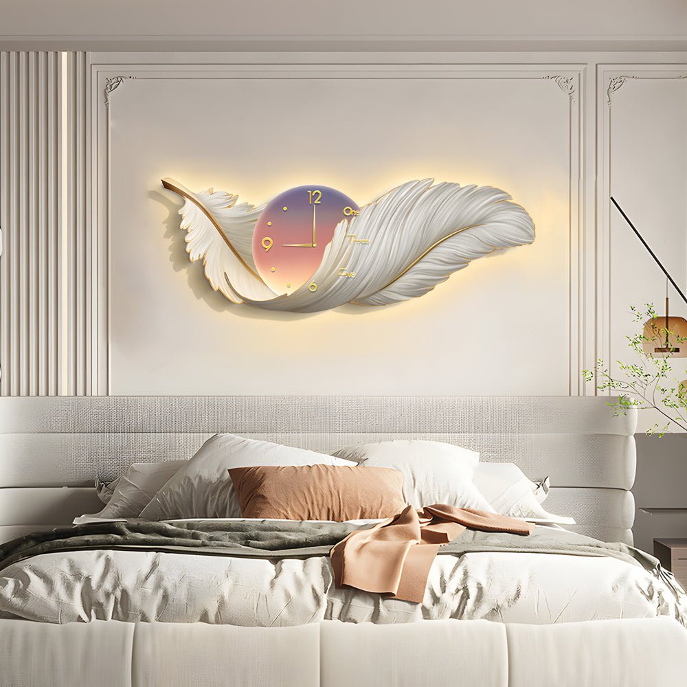 Modern Feather Art LED Wall Lamp with Built-In Clock
