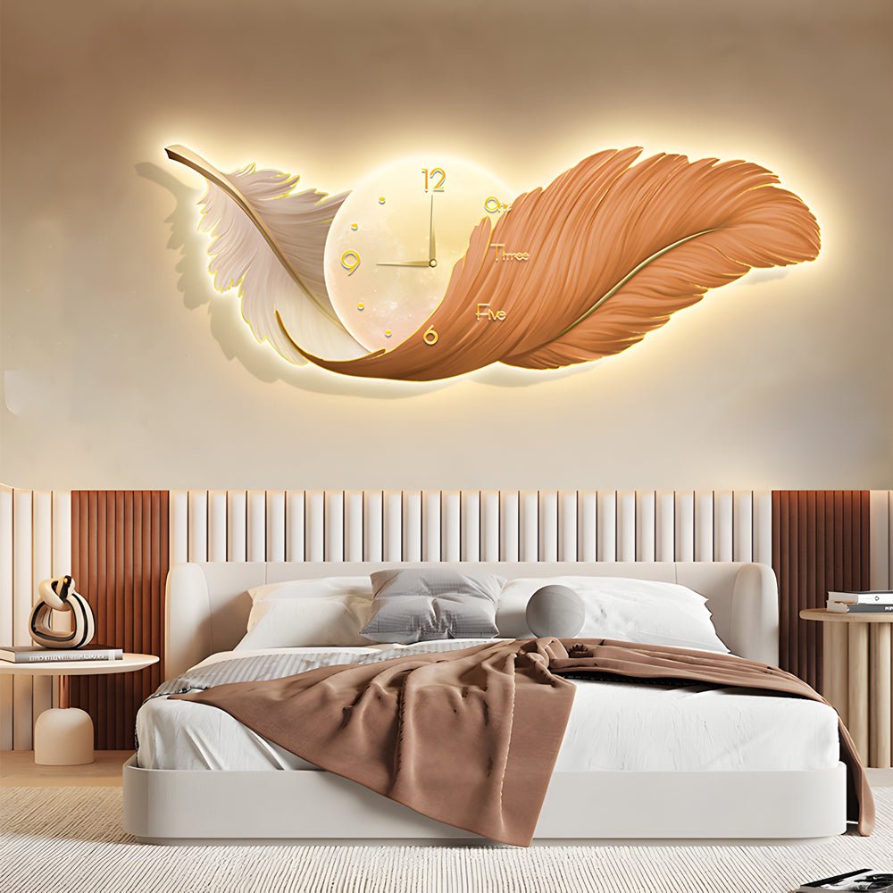 Modern Feather Art LED Wall Lamp with Built-In Clock