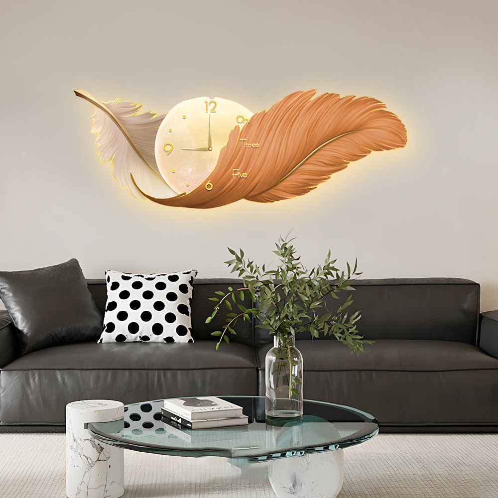 Modern Feather Art LED Wall Lamp with Built-In Clock