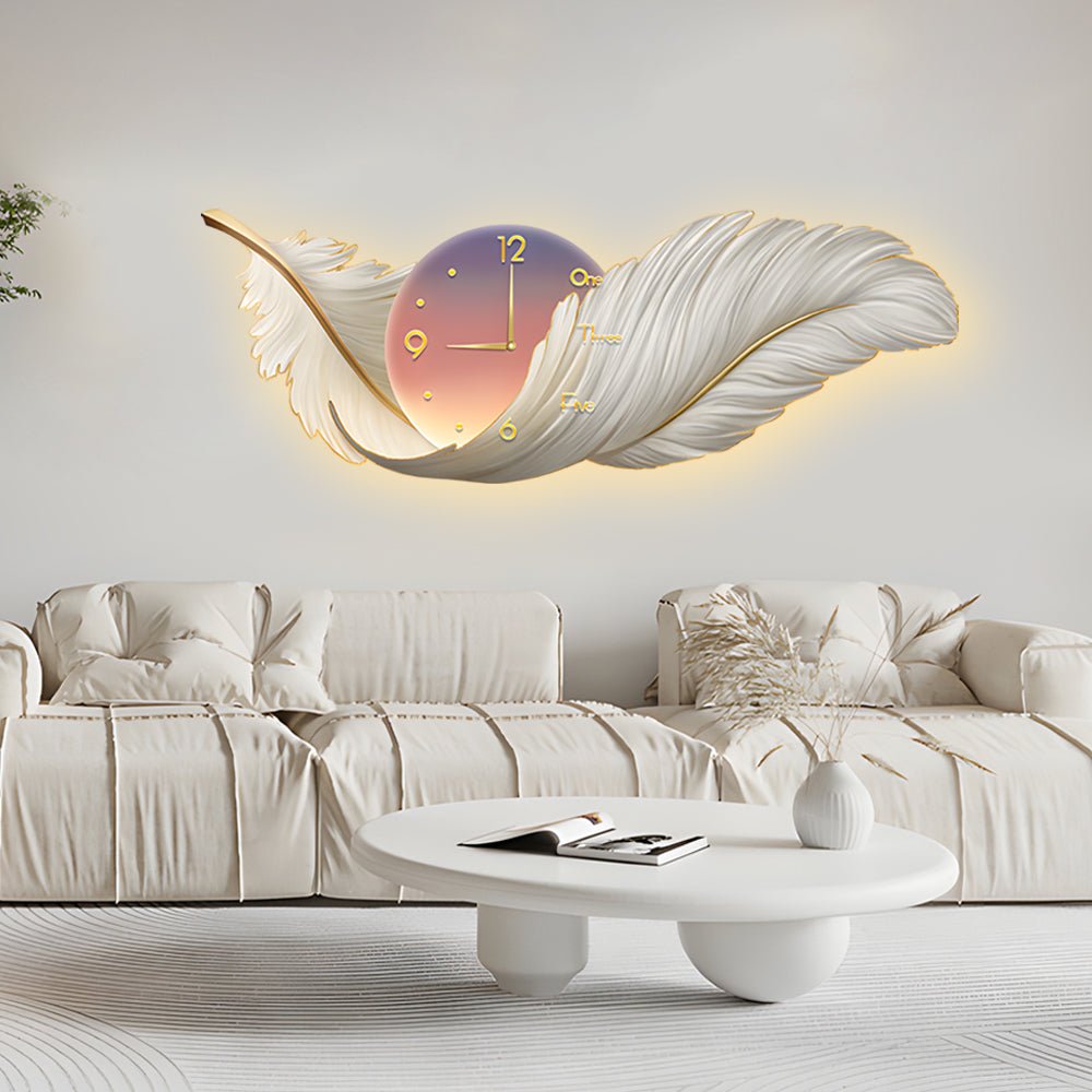 Modern Feather Art LED Wall Lamp with Built-In Clock