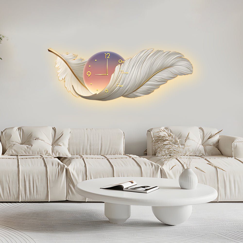 Modern Feather Art LED Wall Lamp with Built-In Clock