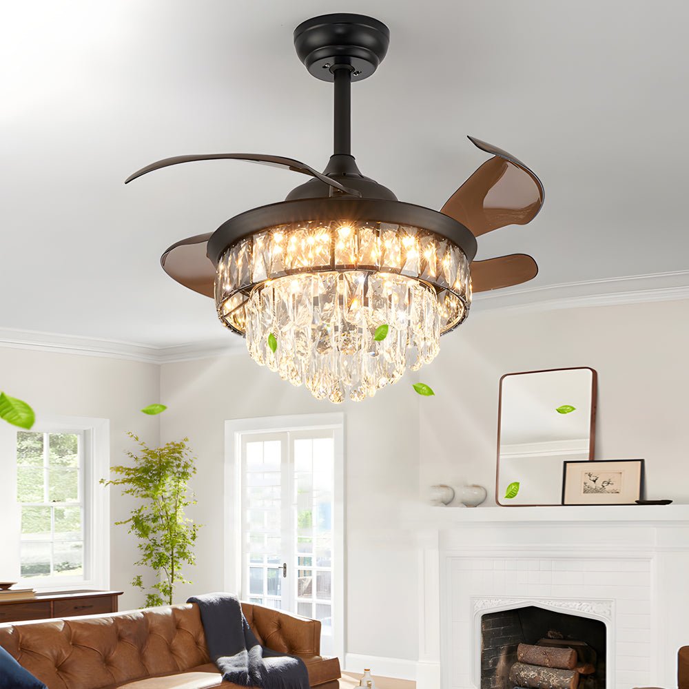 Crystal Retractable Ceiling Fan with LED Light - Modern Black