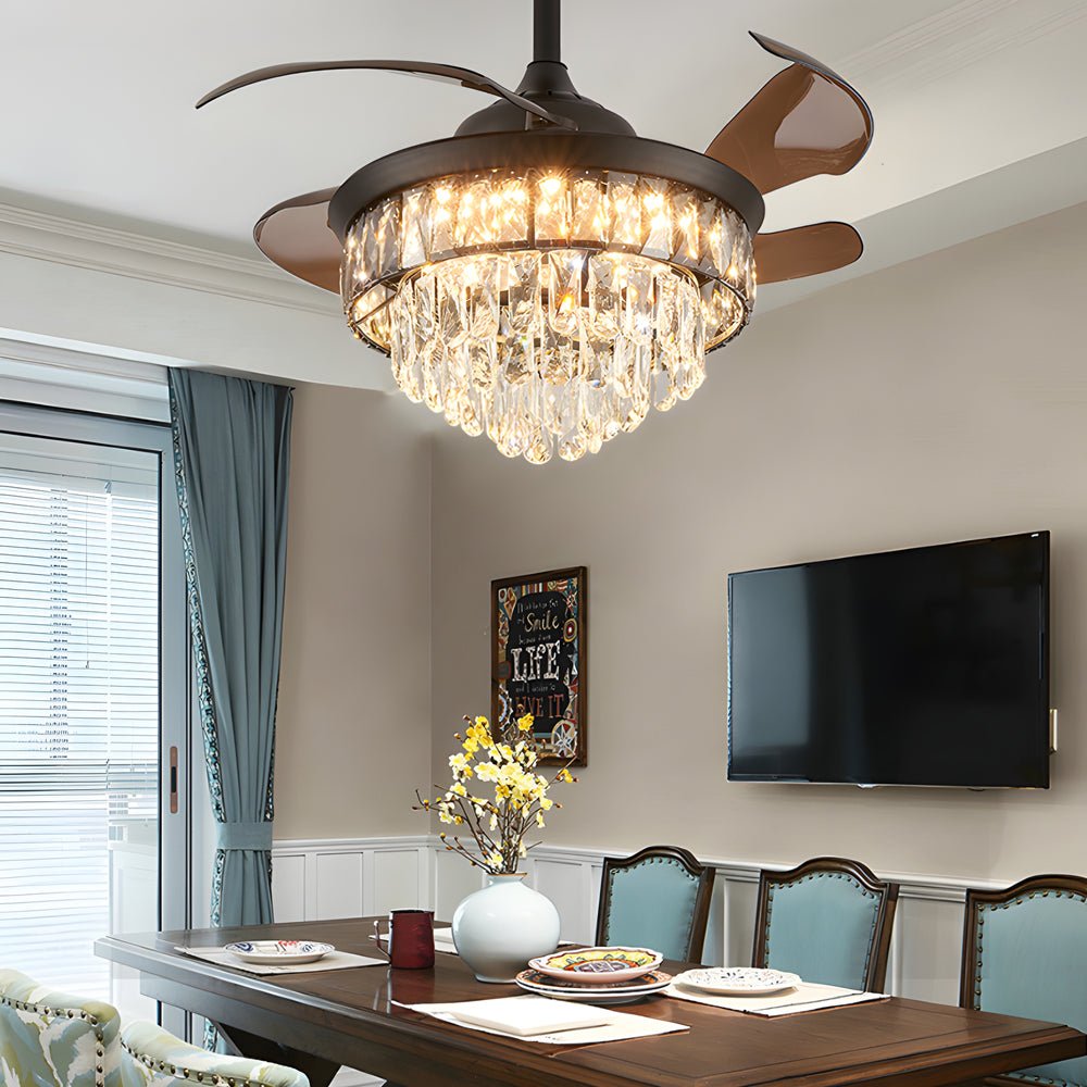 Crystal Retractable Ceiling Fan with LED Light - Modern Black
