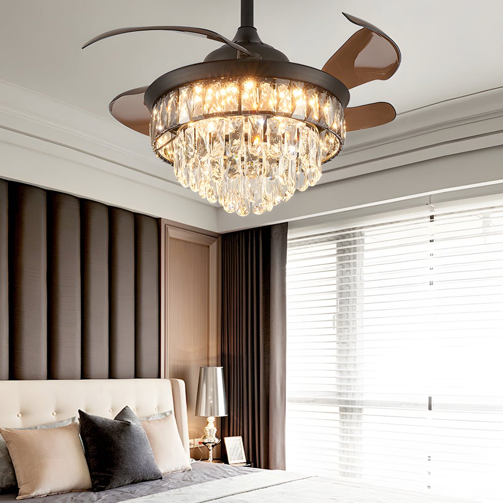 Crystal Retractable Ceiling Fan with LED Light - Modern Black