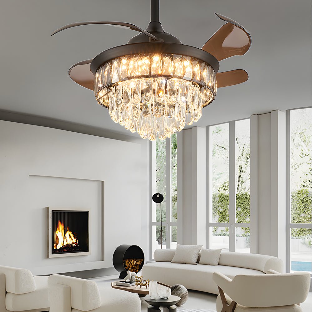 Crystal Retractable Ceiling Fan with LED Light - Modern Black