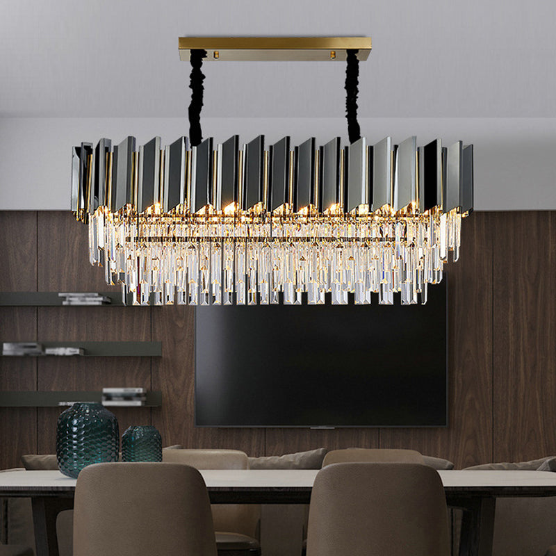 Black Crystal Oval Island Pendant Light - Modern Dining Room Fixture