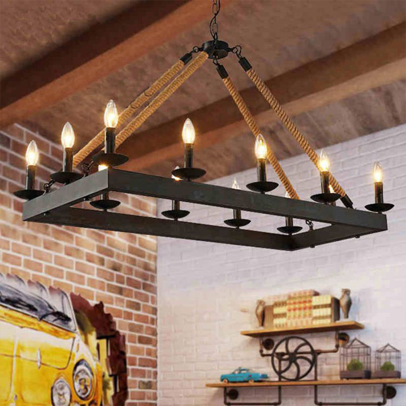 10-Light Industrial Rope Pendant – Black Metal Candle Chandelier