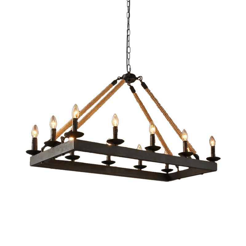 10-Light Industrial Rope Pendant – Black Metal Candle Chandelier