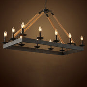 10-Light Industrial Rope Pendant – Black Metal Candle Chandelier