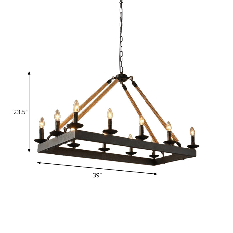 10-Light Industrial Rope Pendant – Black Metal Candle Chandelier